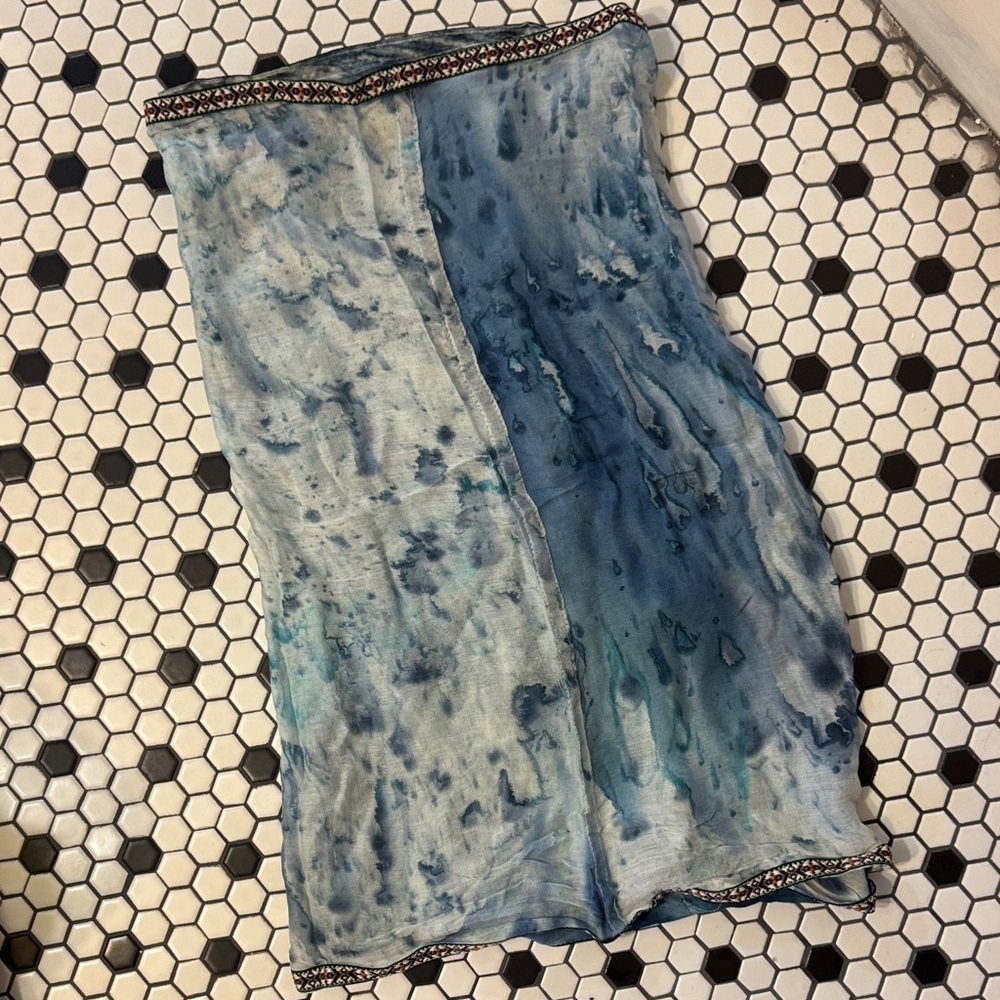 Blue Tie-Dye Infinity Scarf with Patterned Trim